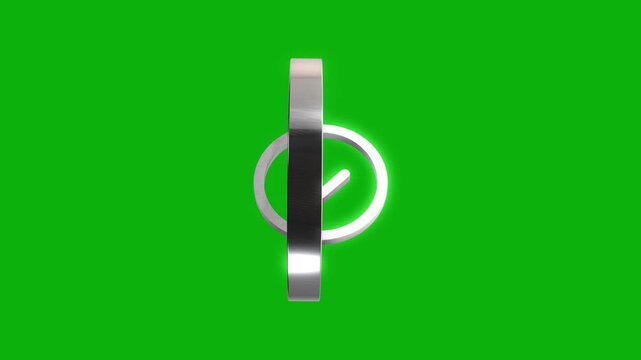Three dimensional silver check mark sign rotating on green screen background for motion graphics and editing.
