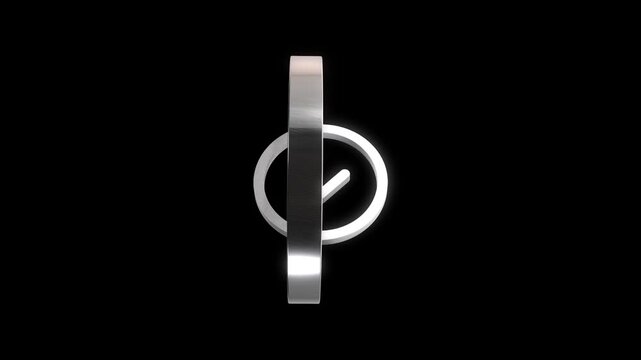 Silver checkmark icon rotating on black background, simple graphic motion for success concept.