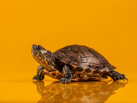 Close-up of dark shelled turtle walking on reflective yellow surface in studio lighting