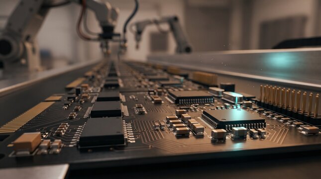 Automated robotic arms assembling advanced circuit board with numerous microchips and electronic components on a precise manufacturing line.