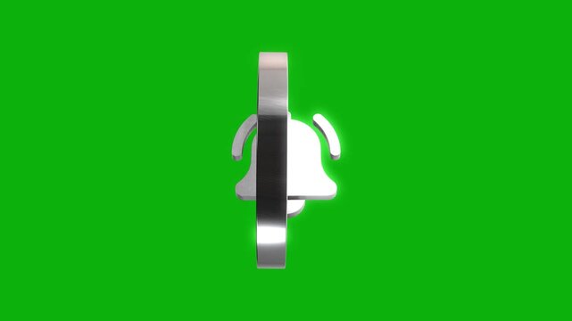 3D metallic notification bell icon rotating in chrome circle frame on green screen background for interface design.