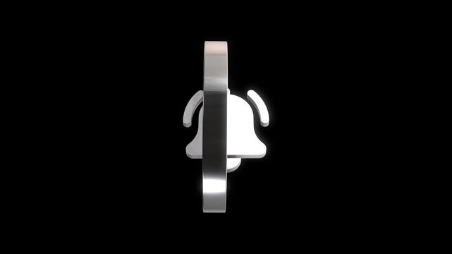 Metallic ringing bell notification icon rotating on black background with silver chrome finish and sleek motion.