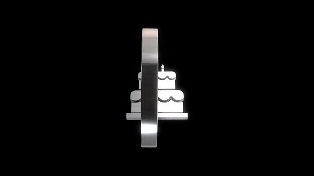 Animated silver icon of a birthday cake with candles rotating in a circle on a black background.