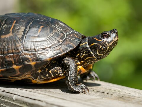 Close-up portrait of wild eastern box turtle basking on weathered wooden log in sunlight