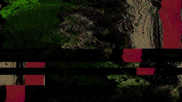 Dark futuristic technology texture featuring abstract glitch distortion, red and green static interference, and pixelated background. perfect for cyberpunk aesthetics, futuristic technology concepts.