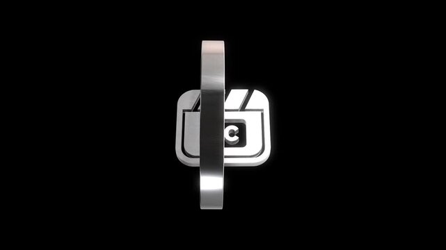 Closed captioning logo spinning in metallic chrome finish on black background.