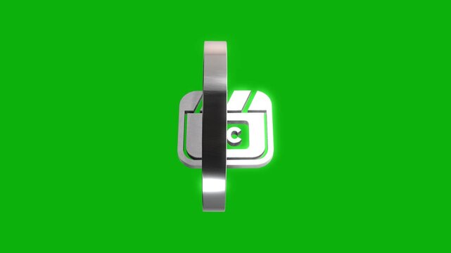 Rotating closed caption symbol icon metallic 3d render against bright green screen background for video accessibility.