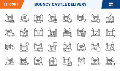 Naklejka premium Bouncy Castle Party Hire Web Icon Set in Linear Style. Collection of Inflatable Rental line icons, including bouncy castle, air blower, rental truck, delivery route, safety stake and more.