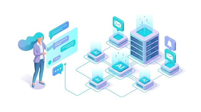 Artificial intelligence and chatbot isometric vector illustration with woman interacting with AI network and server