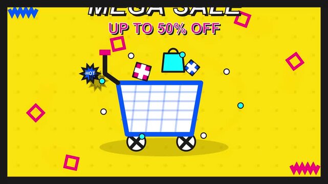 Shopping cart full of gifts with discount offer vector banner design in retro memphis geometric pattern art style