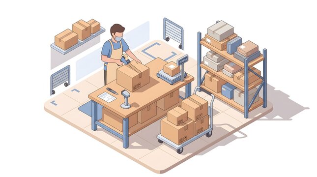 Warehouse packing isometric vector illustration with worker taping cardboard box and shelves