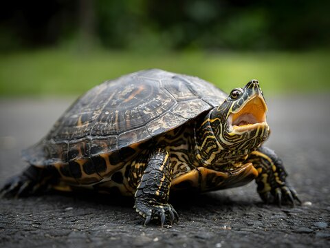 Close-up of large adult turtle walking on wet asphalt road in natural daylight setting