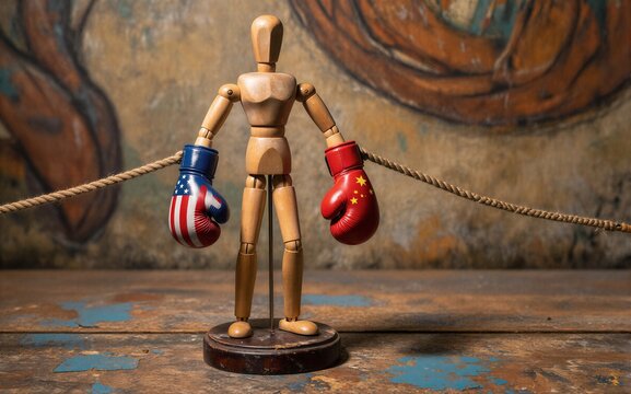 Wooden mannequin holds boxing gloves, symbolizing global competition and rivalry.
