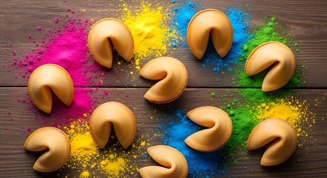 Colorful fortune cookies arranged on a rustic wooden surface with vibrant powder