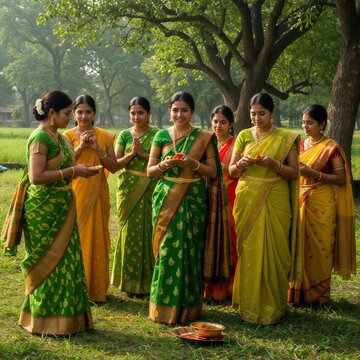 Hariyali Teej Seven Women in Traditional Sarees Standing in a Park
