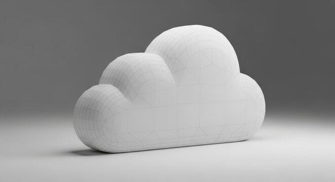 Minimalist white 3D low-poly cloud model with visible polygon mesh grid wireframe texture, standing on a smooth reflective studio surface under soft neutral gray gradient lighting for technology