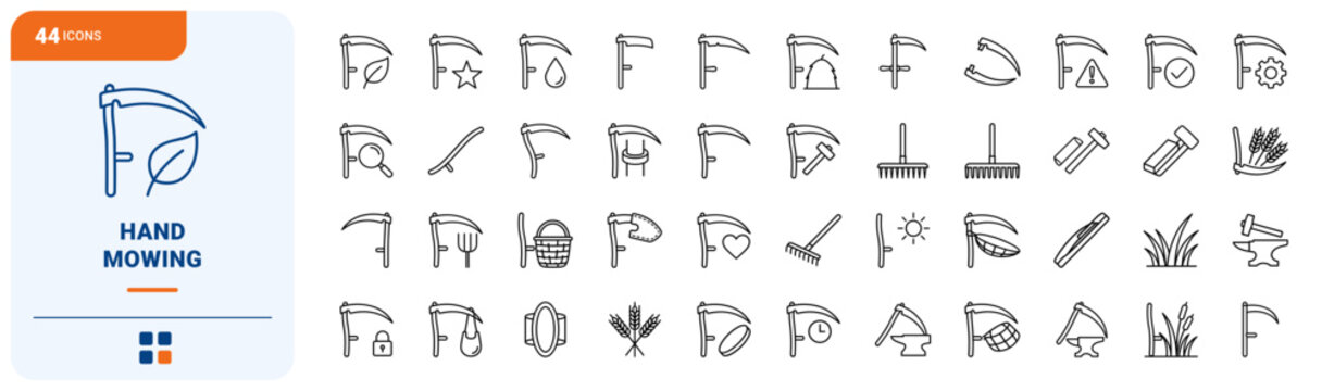 Scythe Hand Mowing Web Icon Set in Linear Style. Collection of Mowing Tools line icons, including grass scythe, bush blade, grain cradle, whetstone, peening hammer, haystack, hay rake and more.
