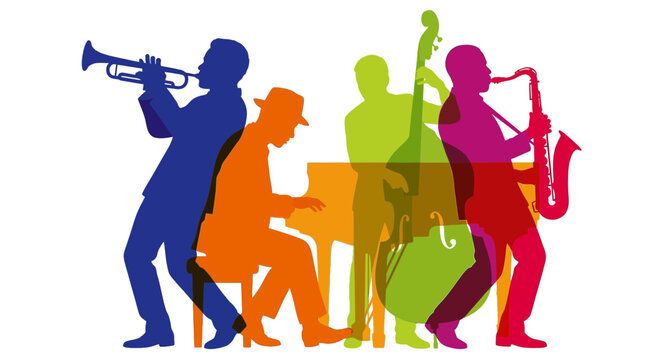 Colorful jazz musicians performing together with trumpet, grand piano, upright bass, and saxophone in vibrant style