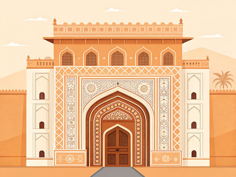 Amber Fort doorway, massive sandstone entrance with ornate Mughal-Rajput arch, decorative geometric carving, modern minimal vector illustration