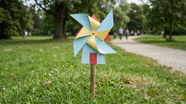 Pinwheel toy stands upright in the center of a grassy park meadow with blurred trees in background.