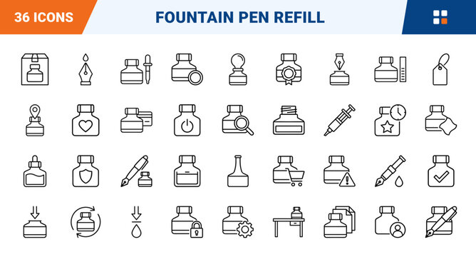 Ink Bottle Fountain Refilling Web Icon Set in Linear Style. Collection of pen care line icons, including ink bottle, pen nib, piston converter, dropper tool, ink level, refill cap and more.