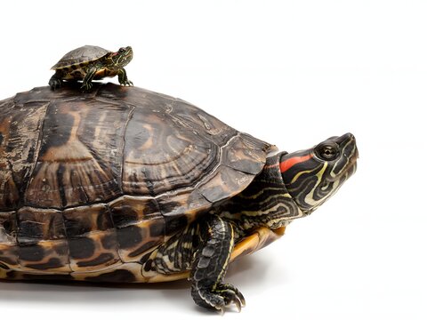 Close-up of small turtle perched on larger tortoise shell in white studio setting