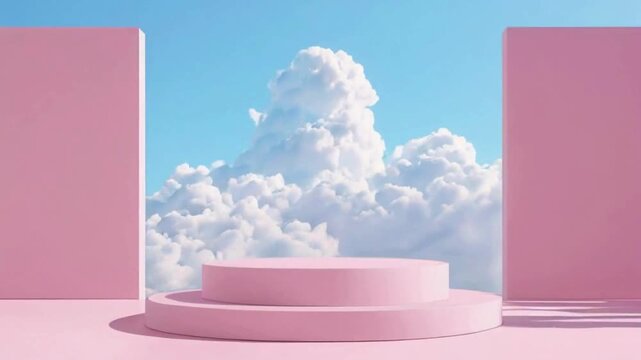 Minimalist 3D-rendered pink cloud floating above a pink platform with geometric framing and gradient sky background.