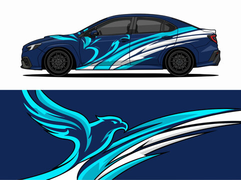 Blue sports sedan with dynamic wave design wrap