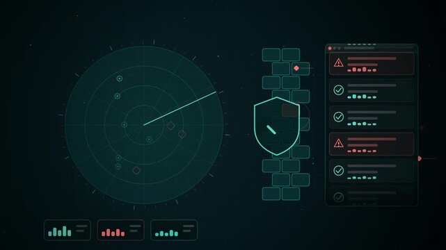 Abstract animated threats detected and flagged across a network drawn as magenta and pink lines and dots on a deep dark background. Clean 4K motion graphics video element with free space around it, id