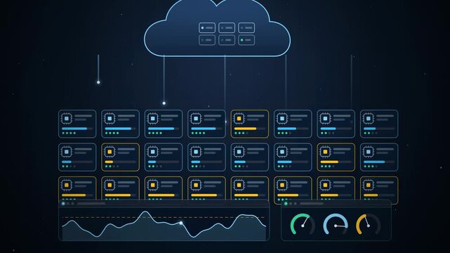 Abstract animated cloud instances scaling up and down with load drawn as blue and cyan lines and dots on a deep dark background. Clean 4K motion graphics video element with free space around it, ideal
