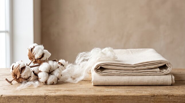 Folded beige cotton textile with raw cotton bolls on rustic wooden surface