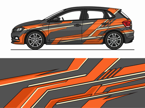 Gray hatchback car with orange geometric racing decals