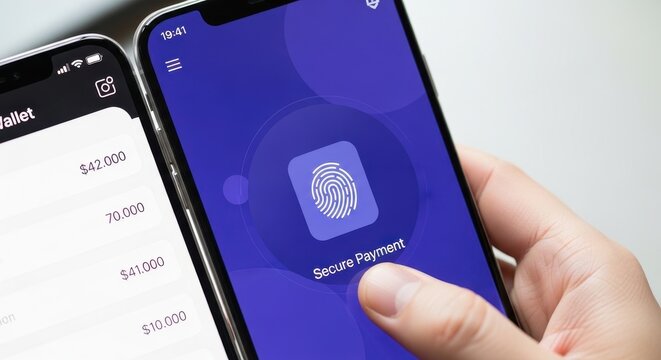 Sleek and secure modern smartphone interface showing a digital wallet and a fingerprint scanner icon on a vibrant purple screen, with a human finger touching the biometric sensor under bright, clean