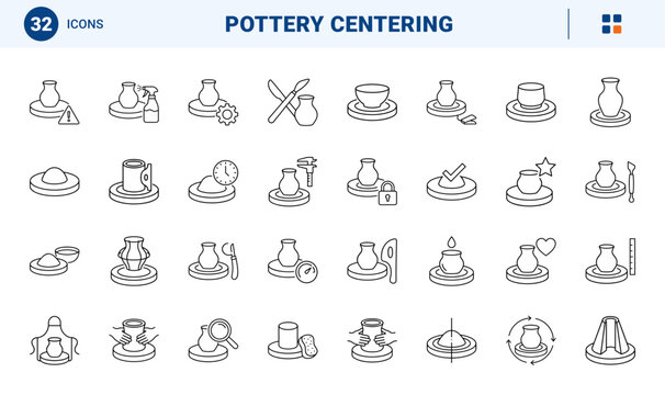 Pottery Wheel Centering Web Icon Set in Linear Style. Collection of Ceramic Studio line icons, including clay mound, wheel head, centering hands, trimming tool, foot pedal, splash pan, and more.