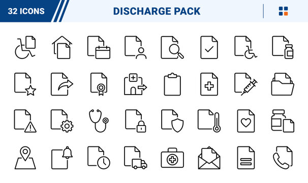 Discharge Pack Hospital Discharge Web Icon Set in Linear Style. Collection of patient release line icons, including discharge document, medical cross, pill bottle, heart care, home transport and more.