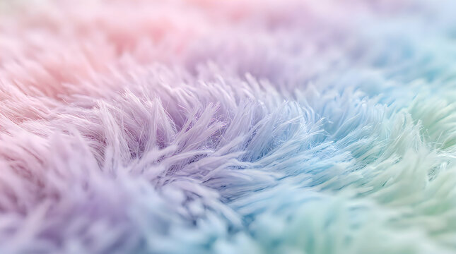 Soft faux fur rug background in pastel rainbow colors with long fibers creating fuzzy texture dreamlike aesthetic for home decor nursery interior design concept.