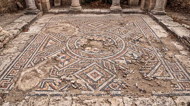 Ancient mosaic floor design with intricate geometric patterns and earth tones, featuring visible wear and historical significance