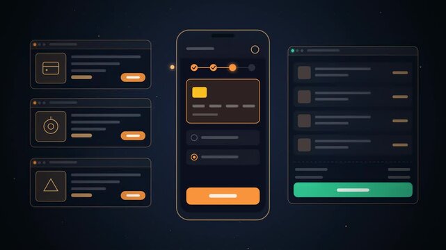 Abstract animated shopper moving through an online checkout drawn as amber and orange lines and dots on a deep dark background. Clean 4K motion graphics video element with free space around it, ideal 