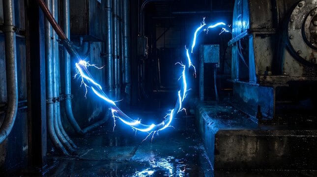 Electricity arcs brightly across a dark industrial workshop filled with metallic pipes and heavy machinery.
