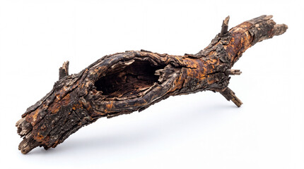 Fototapeta premium Rusted tree branch with hollow center, showcasing intricate textures and organic shapes against a clean background