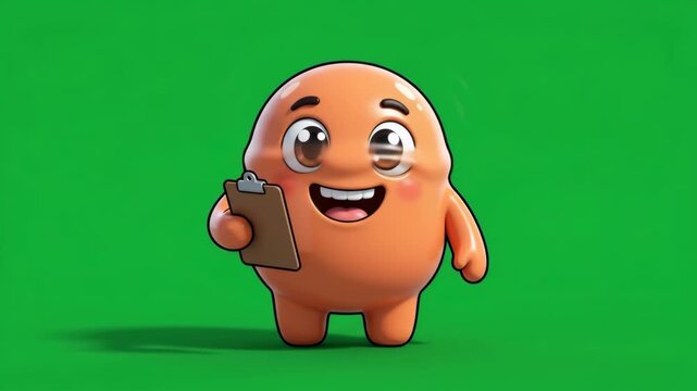 Cute 3D animated character holding a clipboard with a happy expression on a green screen background.
