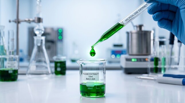Pipette Dropping Concentrated Emerald Microalgae Extract into Flask