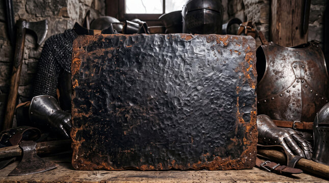 Dark iron plate with rusty edges placed in an ancient setting surrounded by historic armor and weapons