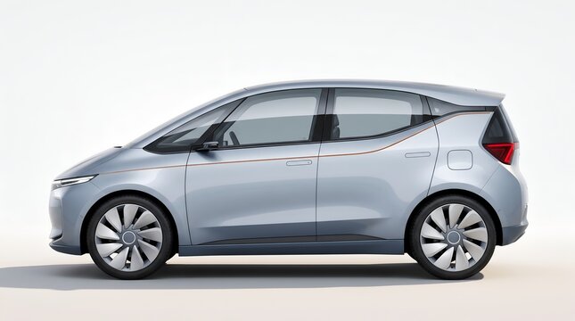 Compact electric city car side profile demonstrating urban sustainable mobility and futuristic aerodynamic design on white background