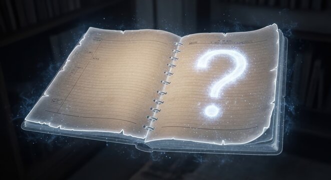 Mysterious glowing vintage open spiral notebook floating in mid-air with a bright holographic question mark symbol on tattered yellowed paper pages, surrounded by magical blue particles and a soft