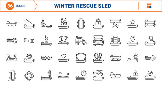 Ice Rescue Sled Web Icon Set in Linear Style. Collection of Winter Operations line icons, including tow rope, ice picks, life ring, siren, rescue ladder, responder, location pin, searchlight and more.