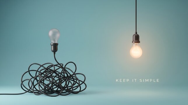 Simplifying complexity concept showing glowing lightbulb with straight cord contrasting dark bulb with tangled wires