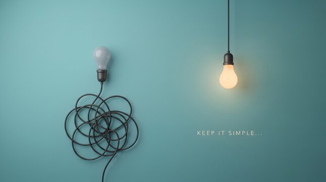 Keep it simple business strategy metaphor featuring bright glowing bulb overcoming chaotic tangled wire complexity