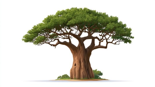 Vector Illustration of a Large Baobab Tree with Green Foliage on White Background