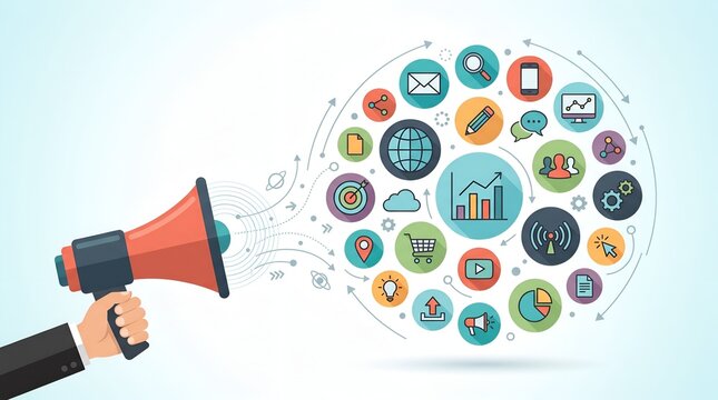 Digital marketing strategy and communication concept featuring megaphone broadcasting colorful business networking icons
